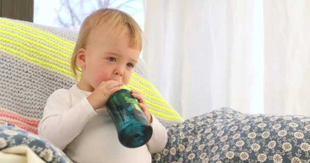 Baby boy drinks water from a bottle — Stock Video