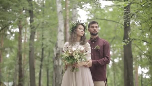 Newlyweds posing photographer nature — Stock Video