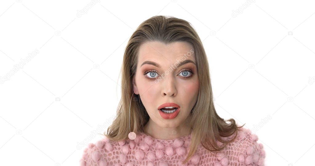 Female Face in Shock in pink Close Up