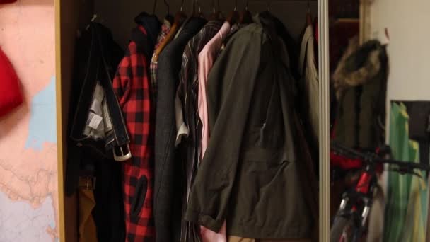Kleidung und Bügeleisen im Kleiderschrank — Stockvideo