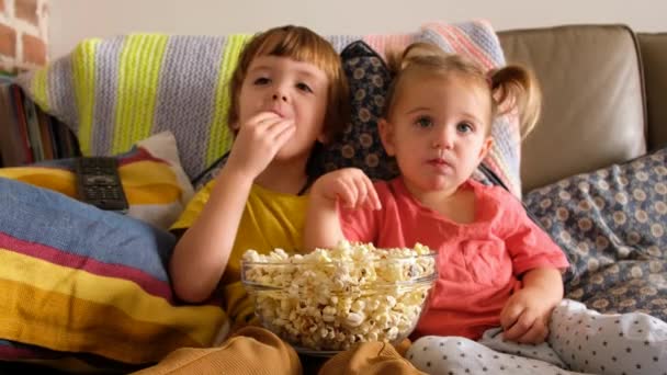 Niños hermano y hermana viendo la televisión — Vídeos de Stock