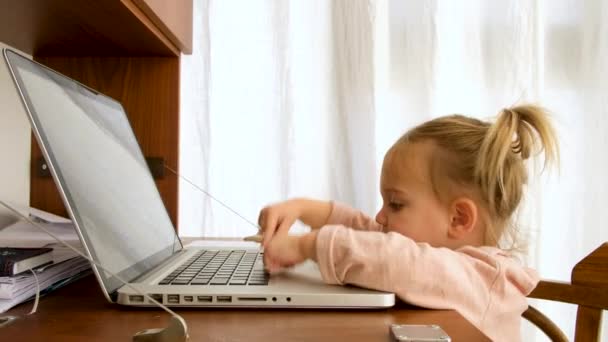 Pequeña niña inteligente usando su computadora portátil — Vídeo de stock