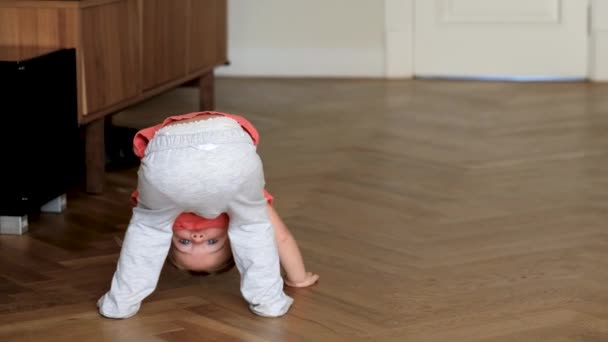 Niedliches Kleinkind macht Tricks zu Hause — Stockvideo