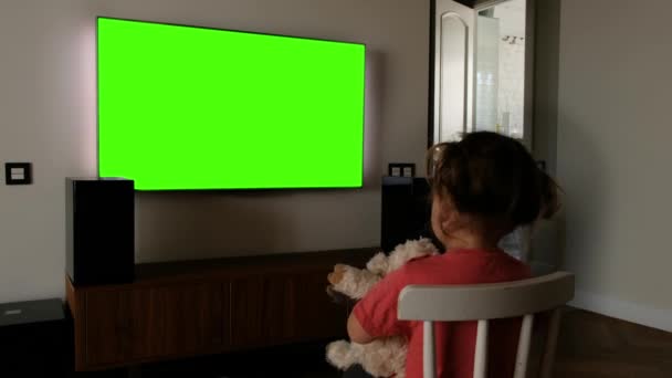Yeşil ekran televizyonun önündeki çocuk — Stok video