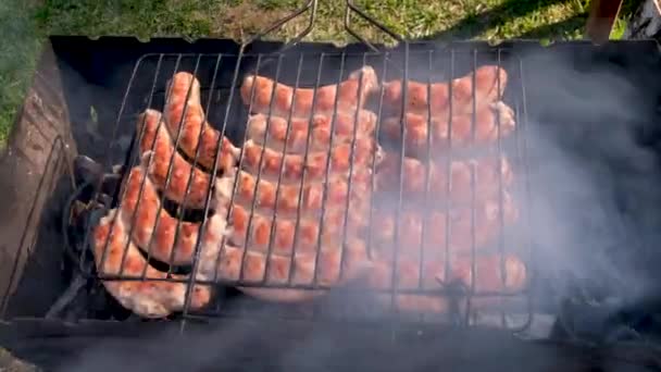 Salsichas fritas sobre uma fogueira — Vídeo de Stock