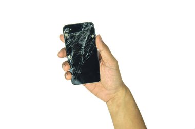 Erkek el, bir smartphone üzerinde izole kırık ekran ile tutarak