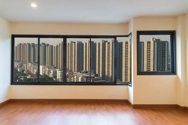 Unfurnished interior with buildings view. — Stock Photo, Image