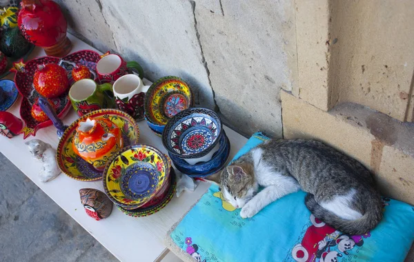 Souvenir shop with pottery and cat in Baku