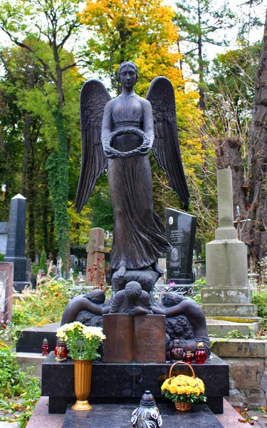 Pedra tumular antiga (escultura) no Cemitério Lychakiv em Lviv, Ucrânia — Fotografia de Stock