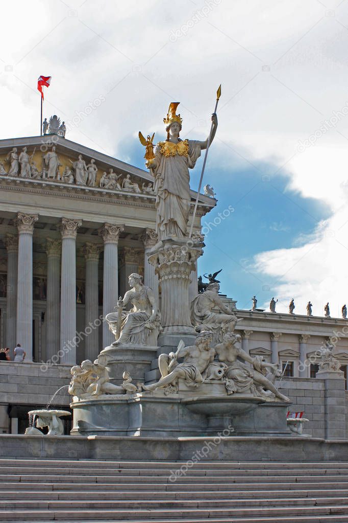 Athena statue on the front of Austrian parliament building in Vienna