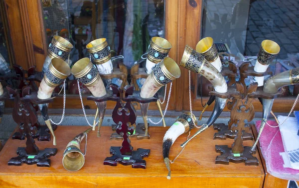 Tbilisi December 2017 View Drinking Horns Shop Flea Market Antiques — Stock Photo, Image