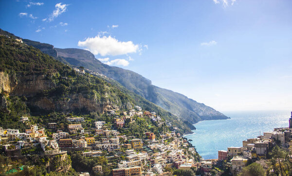 Positano, Italy - March 6, 2018: Mountain landscapes of the Amalfi coast