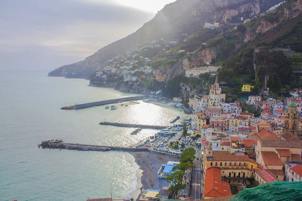 Panorama Van Amalfi Stad Bij Zonsondergang Italië — Stockfoto