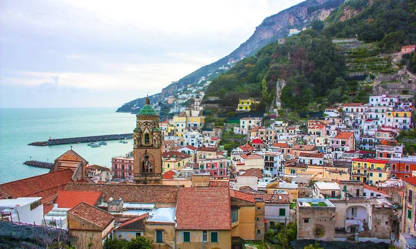 Panorama Van Amalfi Stad Bij Zonsondergang Italië — Stockfoto