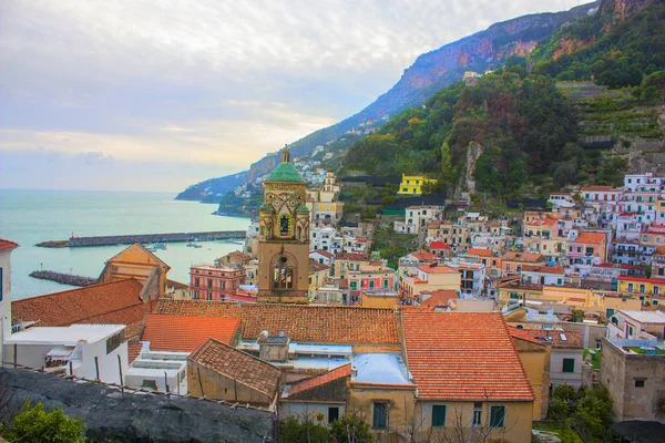 Panorama Van Amalfi Stad Bij Zonsondergang Italië — Stockfoto