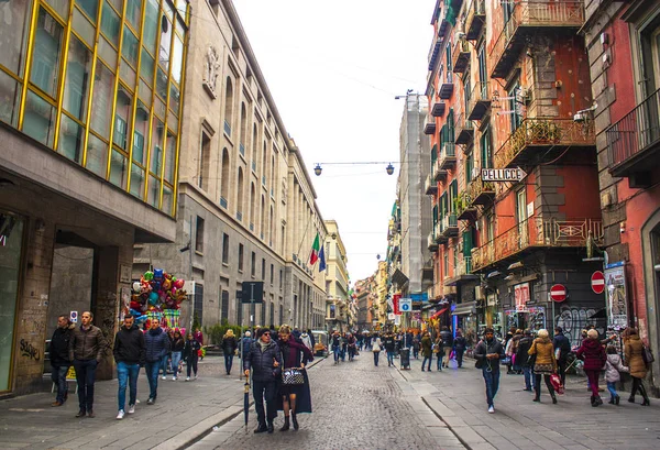 Naples Italy March 2018 View Crowded Street Shops Cafe Souvenir — Stock Photo, Image