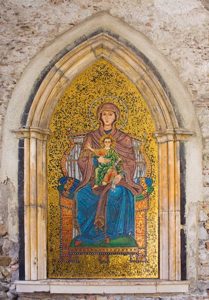 Mosaico Com Virgem Menino Torre Relógio Praça Aprile Taormina Sicília — Fotografia de Stock