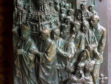 MADRID, SPAIN - 17 January, 2020: Fragment of entrance door of Almudena Cathedral in Madrid, Spain 