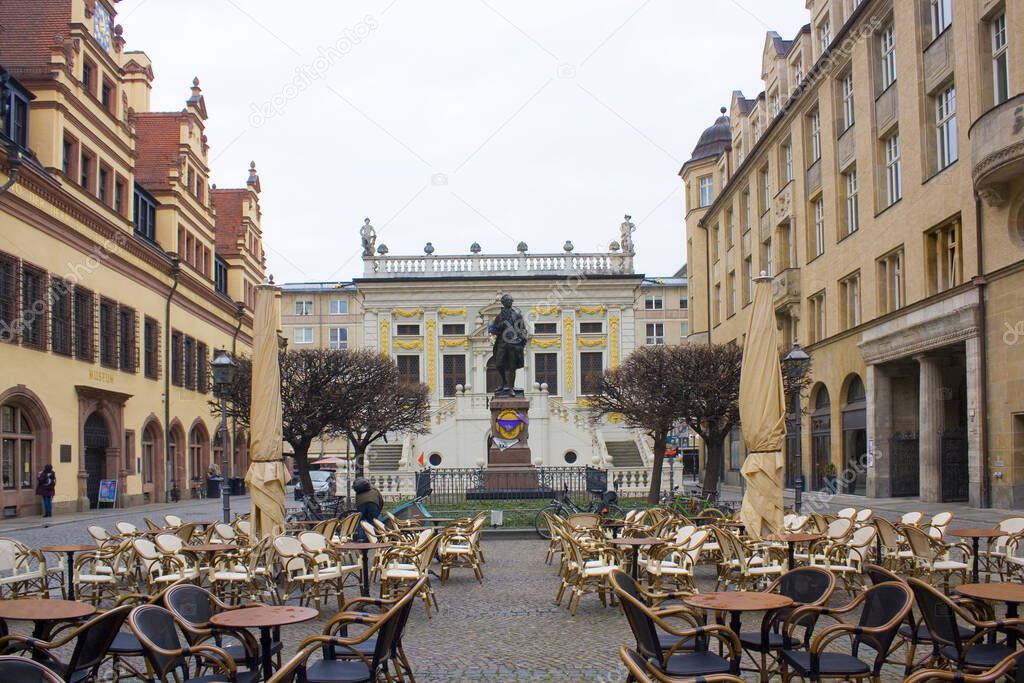  Monument to Goethe and Old Stock Exchange at Naschmarkt Plaza in Leipzig, Germany