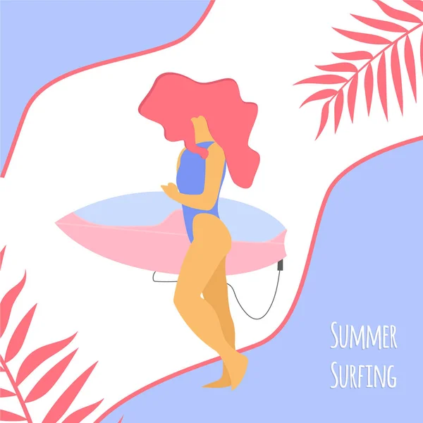 Vector Cartoon Illustration Girl Surfboard Surfer Girl Natural Background — Stock Vector