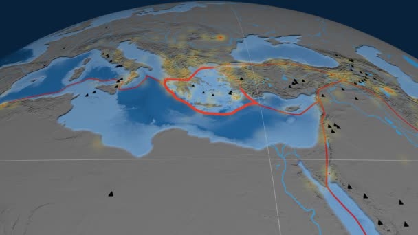 Egeiska havet tektonik skisserat. Topo och bathy — Stockvideo