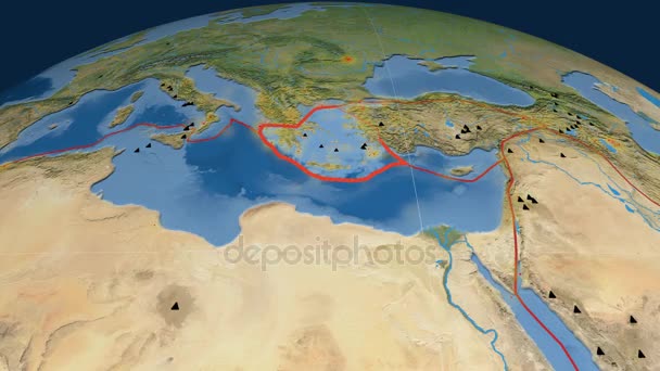 Egeiska havet tektonik skisserat. Satellitbilder — Stockvideo