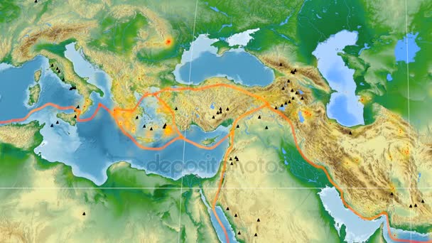 Aegean Sea tectonics featured. Elevation grayscale. Kavrayskiy VII projection — Stock Video