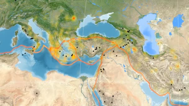 Aegean Sea tectonics featured. Elevation grayscale. Kavrayskiy VII projection — Stock Video