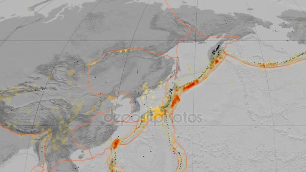 Amur tectonics featured. Elevation grayscale. Mollweide projection — Stock Video