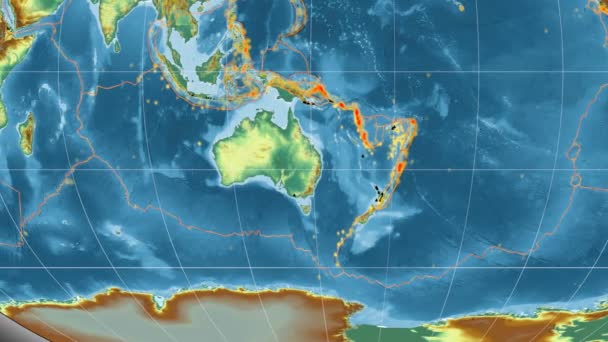 Australia tectonics featured. Relief. Kavrayskiy VII projection — Stock Video