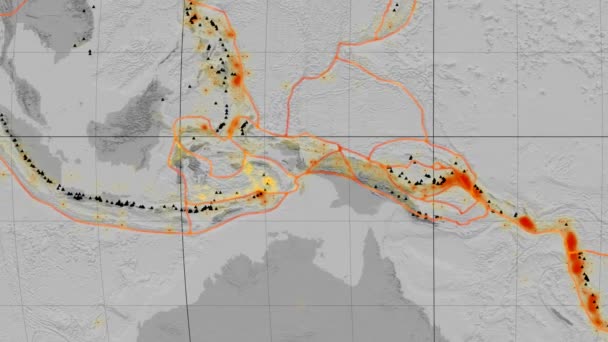 バンダ海のテクトニクスが紹介されました。標高グレースケール。モルワイデ図法 — ストック動画