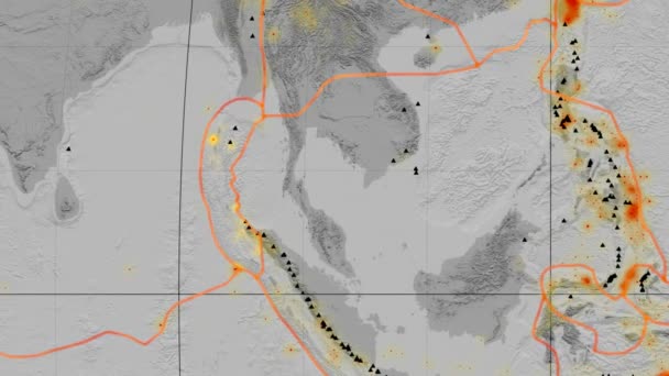 Burmai tektonikus szerepelt. Magassági szürkeárnyalatos. Mollweide vetítés — Stock videók