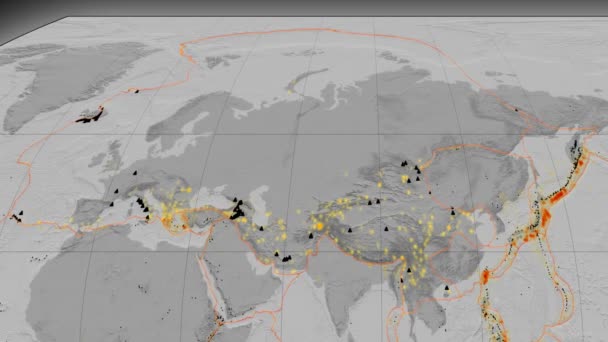 Eurazië tektoniek featured. Hoogte grijswaarden. Kavrayskiy Vii projectie — Stockvideo