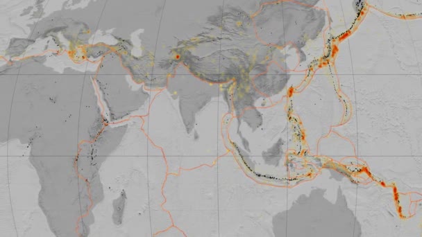 India tectonics featured. Elevation grayscale. Kavrayskiy VII projection — Stock Video