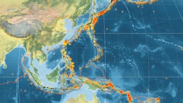 Philippine Sea tectonics featured. Topografía. Proyección de mollweide — Vídeo de stock