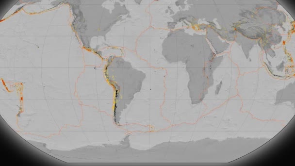 South America tectonics featured. Elevation grayscale. Kavrayskiy VII projection — Stock Video