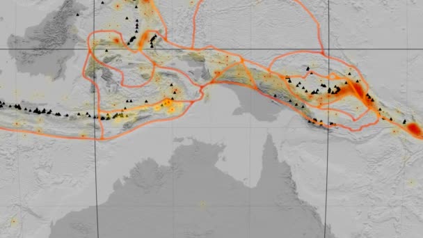 Timor-Tektonik vorgestellt. Erhebung Graustufen. Mollweide-Projektion — Stockvideo