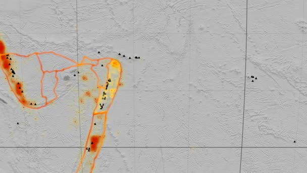 Tonga-Tektonik vorgestellt. Erhebung Graustufen. Mollweide-Projektion — Stockvideo