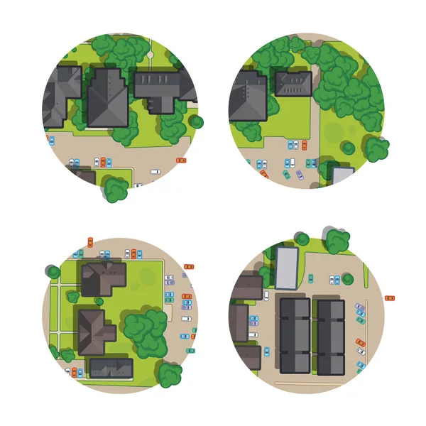 市、屋根、樹木、車、街から上面のセット — ストックベクタ