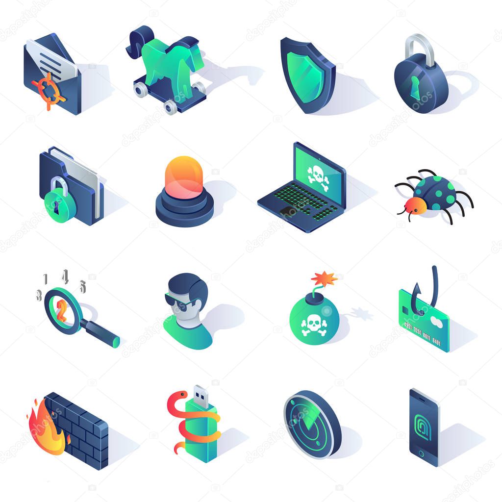 Cyber security isometric flat icons. Vector illustration