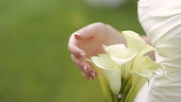 Bride holding her wedding bouquet of callas — Stock Video