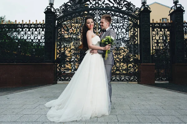 Smiling and hugging newlyweds in front of the gates — Stock Photo, Image