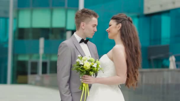 Newlyweds talking and kissing — Stock Video