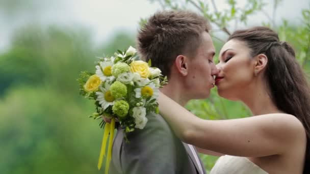 Новобрачные целуются на фоне природы — стоковое видео