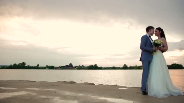 강둑에 키스 하는 신혼 부부 — 비디오