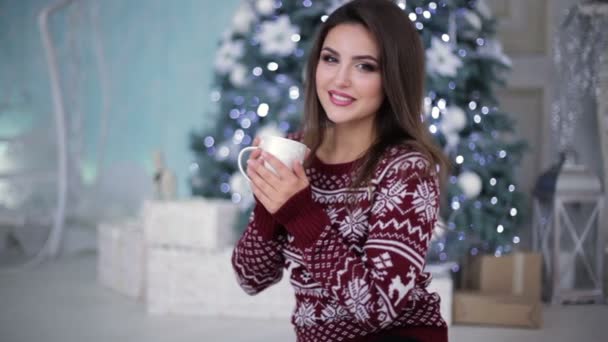 Усміхнена модель з чашкою біля ялинки — стокове відео