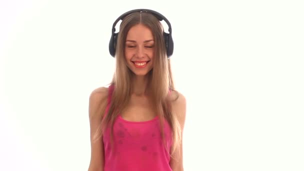 Beauty woman in headphones flirting and smiling — Stock Video