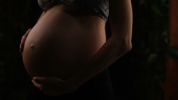 Futura madre acariciando su gran barriga — Vídeos de Stock