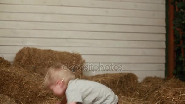 Little boy throwing bale of straw — Stock Video