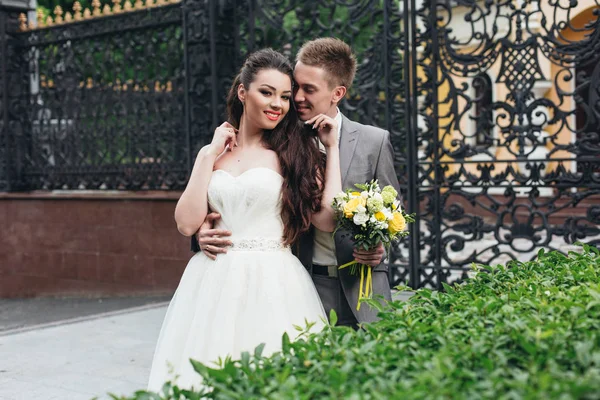 Glimlachend en newlyweds knuffelen — Stockfoto